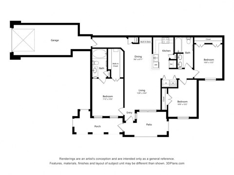 Floor plan for 3 beds, 2 baths, 1177 sqft